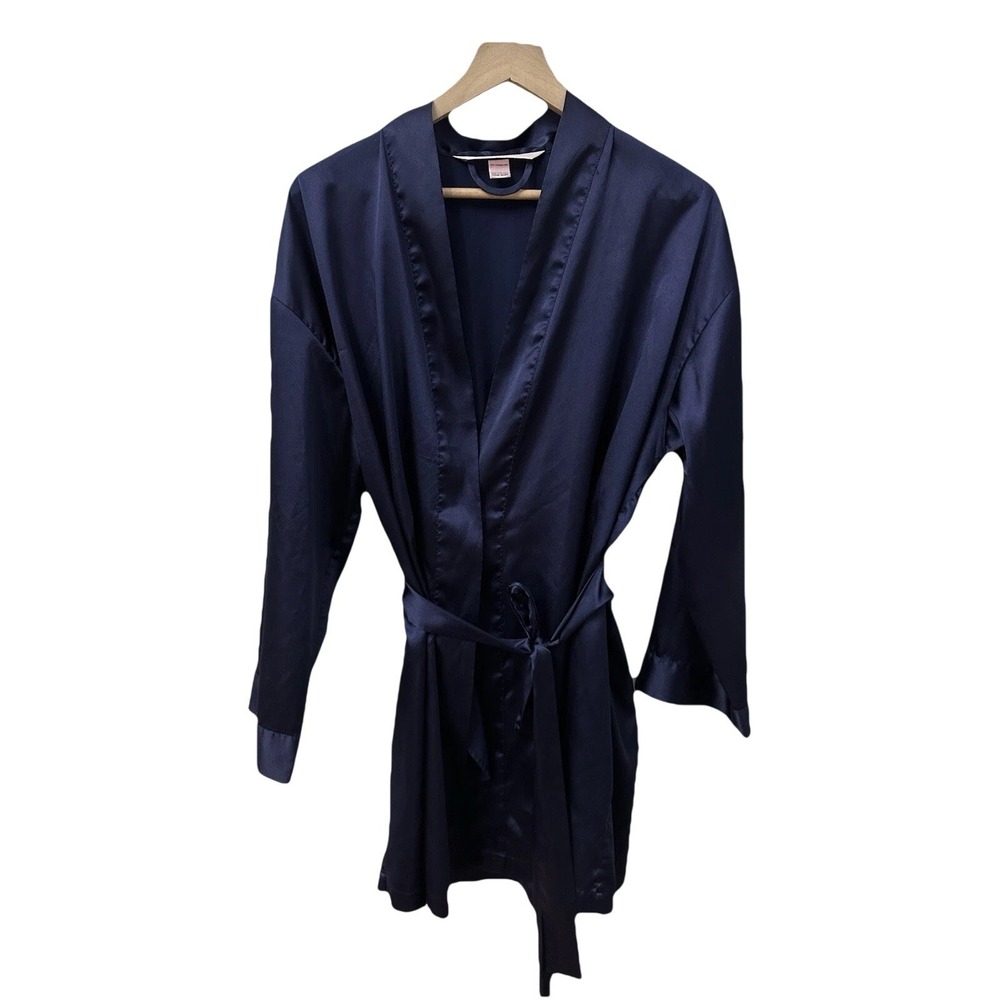 Victoria's Secret Robe One Size Navy Blue Satin Kimono Wrap Short Tie Belt